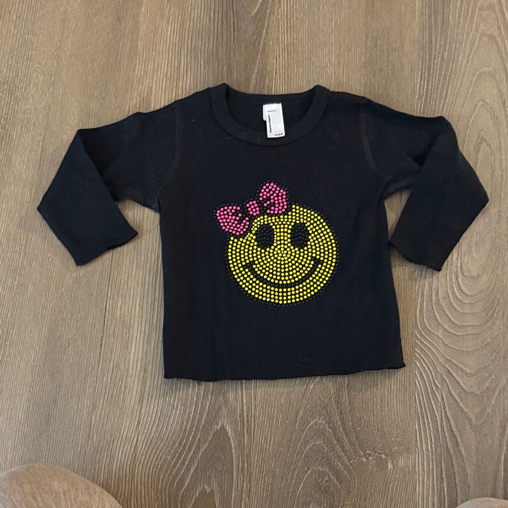 Baby girl American apparel black ribbed rhinestone smiley face top - 6-12 months